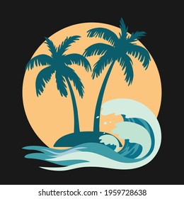 Isolated coconut palm tree, Full moon and wave on black background. Vector design illustration.