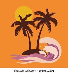 Isolated coconut palm tree sun and wave on orange background. Vector design illustration.