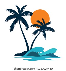 Isolated Coconut Palm Tree Sun And Wave On White Background. Vector Design Illustration.