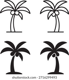 Conjunto de iconos de árbol de coco aislado, Colección de iconos de silueta de palmera de coco, ícono botánico de árbol de coco tropical, ícono de árbol de Naturaleza mínimo negro, diseño de Vector sólido y contorno para playa