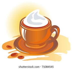 Isolated coffee cup and coffee beans on a white background.