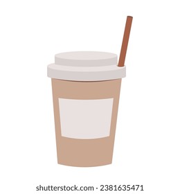 Un recipiente de papel aislado para taza de café se quita con paja de bebida en forma de caricatura con pegatina vacía. burlarse