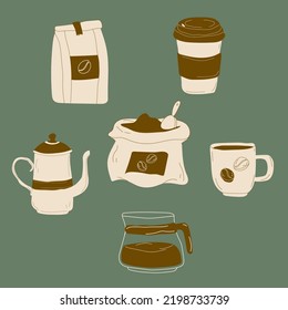 Isolated coffee elements set.   kettle, cup, packaging with coffee, bag of coffee beans, glass coffee pot. Collection for menu, shop. Hand drawn modern Vector illustration .