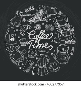 Isolated Coffee items in a circle on dark background. Vector illustration for your design