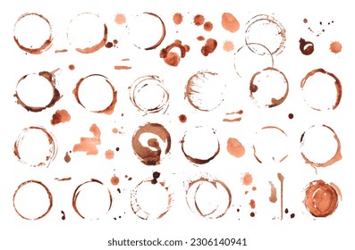 Isolated coffee tea stains on table surface. Cacao or cola drink circle stain, dirty abstract rings and drops. Grunge decorative neoteric vector elements