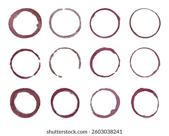 Isolated coffee, tea and wine stains. Cup marks. Dirty abstract rings and drops. White background. Vector illustration.