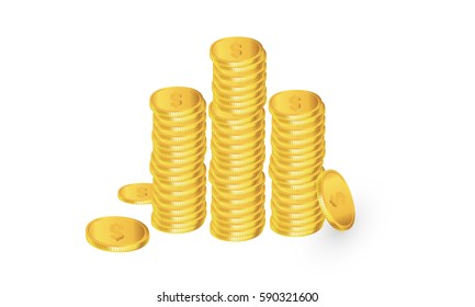 Isolated coins money, golden stack of coins.On a white background.