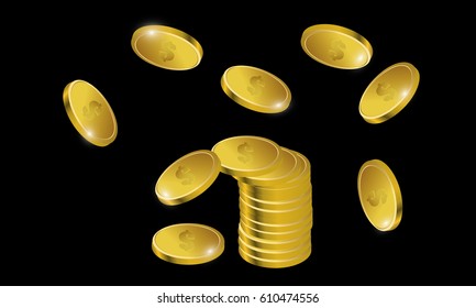 Isolated coins money, golden stack of coins.On a black background.