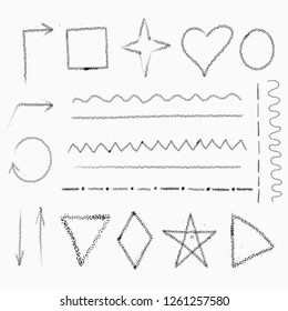 Isolated collection arrows, geometric abstract shapes, various types of lines, made in pencil technique. Vector illustration