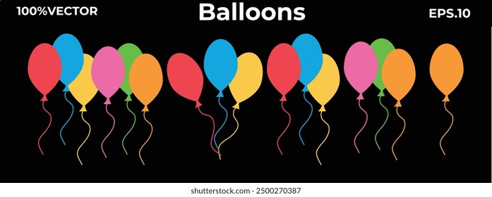 An isolated collection of balloons in a cartoon flat style on a white backdrop. Many balloons