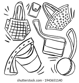 Isolated collection of black and white fashionable trendy stylish woman bags in doodle style. Set of handbag, purses, reticule, female stylish accessories on white background