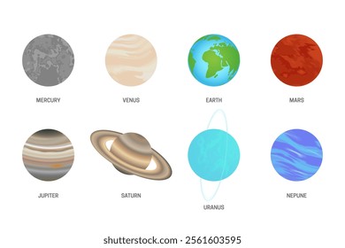 Isolated Collection of Every Planet in the Solar System. Flat Illustration with Planets Name.