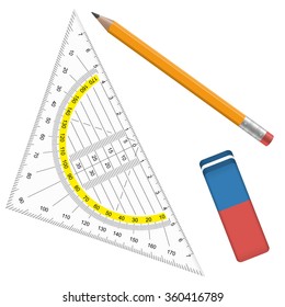 isolated collection of Pencil, eraser and protractor