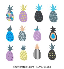 ISOLATED COLLECTION OF PINEAPPLE. HAND DRAW VECTOR ILLUSTRAION ON WHITE BACKGROUND. INSPIRATION ABSTRACT PATTERN.