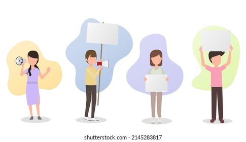 Isolated collection set of protester. Protester holding protest signs, banner, flag and megaphones. Vector illustration Eps10.