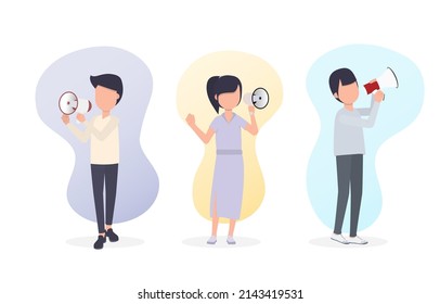 Colección aislada de manifestantes. Los manifestantes usan micrófonos para hacer ruido. Ilustración vectorial Eps10.