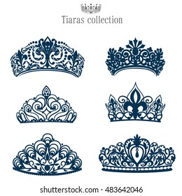 Isolated collection silhouettes tiaras and crowns