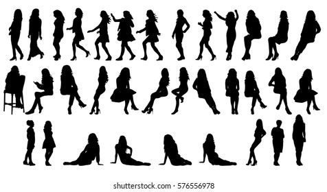 isolated collection of silhouettes woman, standing, sitting,