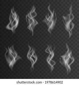 Isolated collection of white smoke on the dark background. Vector illustration.