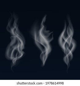 Isolated collection of white smoke on the dark background. Vector illustration.