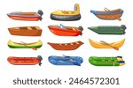 Isolated Collection of Wide Range Of Boats. Rowboats, Motorboats, Canoes, Inflatable Rafts. Cartoon Vector Illustration