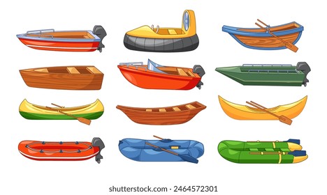 Colección Aislada De Amplia Gama De Barcos. Botes De Remo, Lanchas A Motor, Canoas, Balsas Inflables. Ilustración vectorial de dibujos animados