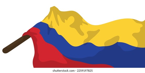 Isolated Colombian flag with its yellow, red and blue colors with short wooden flagpole in cartoon style.