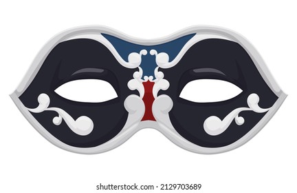 Isolated Colombina half-mask in black color and silver decorations, isolated over white background.