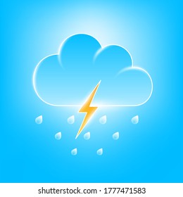 Einzeln farbiges Symbol von Wolke, Regen und Blitz auf blauem Hintergrund. Abstrakter Vektorhintergrund.