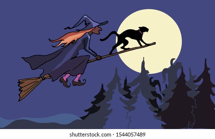 isolated color image on a colored background. Witch flies on a broom with a cat over the forest, on the background of the full moon.