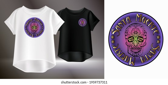 Isolated color image of sugar skull logo. Original T-shirt print. Vector realistic image of a female t-shirt with a pattern.