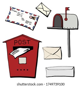 Isolated color images of different delivery items, letters. Handwritten graphic technique