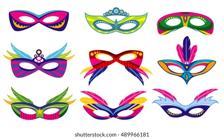 Isolated color mardi gras masks vector collection. Masquerade and carnival party illustration