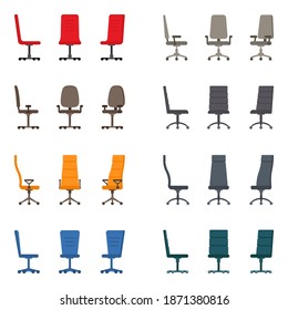 Isolated Color Modern Spinning Rolling Office Chair Vector Illustration Icon Set. Front, Side View Business Seat Kit
