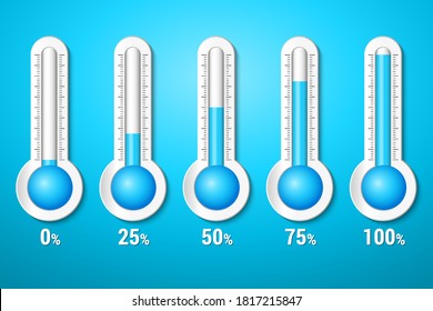 Isolated color percentage level meter. Thermometer. Vector weather infographics.