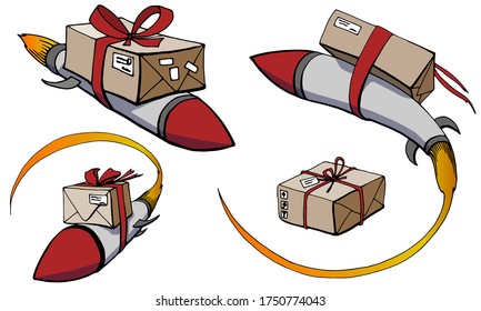 An isolated color picture of express delivery on a rocket. Handwritten graphic technique