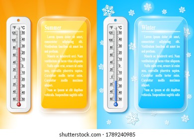 Isolated color realistic set of thermometer icons and speech bubbles. Vector weather infographics.