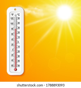 Isolated color realistic thermometer with degrees Celsius and Fahrenheit on the sun background. Vector weather infographics. - Shutterstock ID 1788893093