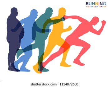 Isolated color running man at first full in the end of thin. Concept weight loss, exercise. Isolated on white background.