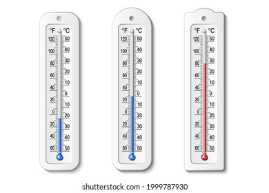 Isolated color set of thermometer icons on white background. Vector weather infographics.