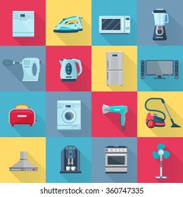 Isolated color shadow household appliances icons set of electrical electronic and digital products flat vector illustration