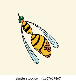 Isolated color stylized image of a wasp or bee. Suitable as an icon, logo, corporate identity, toy, embroidery, printing on a T-shirt. Wild honey, organic honey. Useful honey.