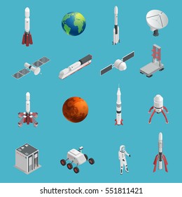 Isolated and colored 3d rocket space icon set with cosmic elements and technical tools for work in space vector illustration