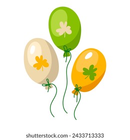 Isolated colored balls in a group with clover patterns. They fly up with a thread. For posters, flyers, stickers, banners, gifts for the St. Patrick's Day holiday. Vector illustration of modern Irish