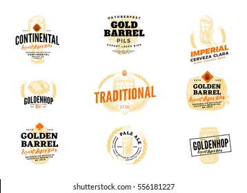 Isolated colored beer hop logo set with continental expert lager bier imperial cerveza clara golden barrel and other descriptions vector illustration