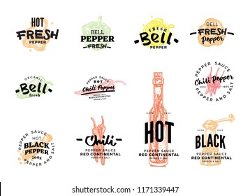 Isolated colored chili pepper logo set with hot fresh pepper bell pepper fresh chilly pepper sauce descriptions vector illustration