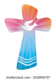 Isolated Colored Christian Baptism Cross With Waves And Water Dove