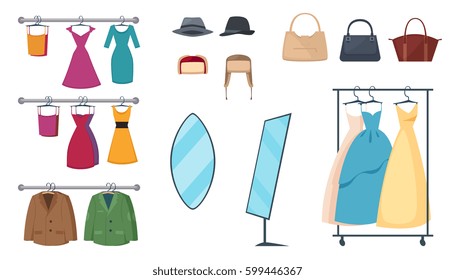 Isolated and colored clothing store icon set with elements and attributes clothes on hangers and accessories vector illustration