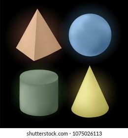 Isolated colored different shiny geometrical figures on black background