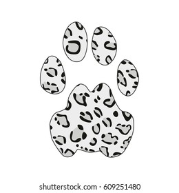 Isolated colored footprint of snow leopard irbis ounce with print of skin on white background.